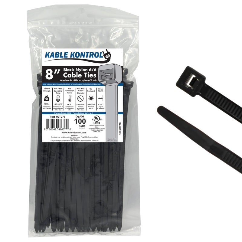Kable Kontrol Heavy Duty Cable Zip Ties 100 Pcs 8 Inch Black  120 Lbs Tensile Strength  Self-locking UV Resistant Plastic Nylon Wire Ties  for Indoor or Outdoor Use - Image 1